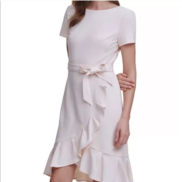 Calvin Klein Cream Ruffle Dress with Tie Size 2 - Picture 1 of 8